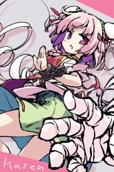 Rule 34 | 1girl, bandaged arm, bandages, character name, cuffs, double bun, flower, green skirt, hair bun, ibaraki kasen, isu (is88), looking at viewer, open mouth, pink flower, pink hair, pink rose, ribbon-trimmed skirt, ribbon trim, rose, shackles, shirt, short hair, short sleeves, skirt, solo, tabard, touhou, v-shaped eyebrows, white shirt