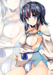 Rule 34 | 1girl, bare shoulders, black hair, blue eyes, blue ribbon, blush, breasts, closed mouth, collarbone, dress, fate/grand order, fate/requiem, fate (series), fundoshi, japanese clothes, jewelry, large breasts, long sleeves, looking at viewer, magatama, magatama hair ornament, medium hair, multicolored hair, necklace, pelvic curtain, pink hair, puffy long sleeves, puffy sleeves, ribbon, ryokushiki (midori-ya), short dress, sideboob, sideless outfit, sitting, smile, streaked hair, thighs, utsumi erice, white dress