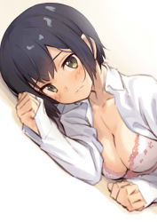 Rule 34 | 1girl, bad id, bad pixiv id, black hair, blush, bra, breasts, cleavage, closed mouth, dress shirt, dutch angle, kinta (distortion), looking at viewer, lying, medium breasts, on side, open clothes, open shirt, original, pink bra, shirt, short hair, sidelocks, sketch, solo, underwear, yellow eyes