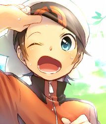 Rule 34 | 1boy, beanie, blue eyes, blush, brendan (pokemon), brown hair, commentary request, creatures (company), game freak, hat, jacket, lower teeth only, lowres, male focus, nintendo, one eye closed, open mouth, orange jacket, pokemon, pokemon oras, sekka koyori, short hair, solo, sweat, teeth, tongue, upper body, white hat, zipper pull tab