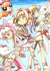 ass bishoujo_senshi_sailor_moon blossom_(ppg) boots brown_hair cardcaptor_sakura cat chibi_usa clow_card cristina_hernandez crossover digimon digimon_(creature) digimon_adventure fingerless_gloves gloves green_eyes hello_kitty hello_kitty_(character) kinomoto_sakura lime_(saber_j) magical_girl multiple_girls one_eye_closed open_mouth pink_hair powerpuff_girls red_gloves saber_marionette_j sanrio school_uniform short_hair siruboom skirt smile tailmon tomoeda_elementary_school_uniform voice_actor_connection white_skirt