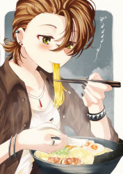 Rule 34 | 1girl, :t, absurdres, asymmetrical bangs, asymmetrical hair, blush, bracelet, bright pupils, brown hair, chinese spoon, chopsticks, commentary request, ear piercing, eating, food, forehead, green eyes, highres, holding, holding chopsticks, holding spoon, idolmaster, idolmaster cinderella girls, idolmaster cinderella girls starlight stage, jacket, jewelry, kimura natsuki, kumatsuki (no-kirin), light smile, looking at object, nail polish, noodles, open clothes, open jacket, outside border, piercing, ramen, ring, solo, spoon, two-tone background, upper body