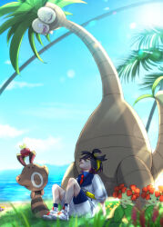Rule 34 | 1boy, alolan exeggutor, alolan form, applin, arm support, bellossom, black hair, blue shirt, blurry, blurry foreground, collared shirt, commentary request, creatures (company), day, game freak, gen 2 pokemon, gen 7 pokemon, gen 8 pokemon, grass, hairband, highres, jacket, kieran (pokemon), looking up, male focus, necktie, nintendo, open mouth, outdoors, palm tree, pokemon, pokemon (creature), pokemon sv, red necktie, sentret, shiina (shinao29), shirt, shoes, shorts, sitting, socks, tree, white footwear, white jacket, white shorts, yellow eyes, yellow hairband