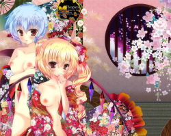 Rule 34 | 2girls, bad id, bad pixiv id, blonde hair, blue hair, blush, breasts, female focus, flandre scarlet, flower, japanese clothes, kimono, multiple girls, nail polish, navel, nipples, open clothes, pekopokox, red eyes, remilia scarlet, round window, short hair, side ponytail, small breasts, smile, touhou, window, wings