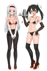 Rule 34 | 2girls, absurdres, bikini, black bikini, black gloves, black hair, black legwear, breasts, brown eyes, c-da, commentary request, cup, full body, gloves, hairband, high heels, highres, kantai collection, large breasts, long hair, looking at viewer, multiple girls, pantyhose, pantyhose over swimsuit, pitcher (container), red bikini, red footwear, red hairband, shoukaku (kancolle), side-tie bikini bottom, simple background, small breasts, standing, swimsuit, teacup, thighhighs, tray, white background, white gloves, white hair, zuikaku (kancolle)