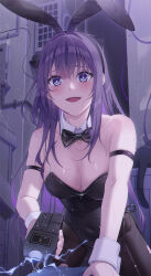 Rule 34 | 1girl, 1other, animal ears, arm strap, bare arms, bare shoulders, black bow, black bowtie, black cat, black hairband, black leotard, black pantyhose, black ribbon, blue eyes, blush, bow, bowtie, breasts, bright pupils, building, cat, cleavage, collarbone, commentary request, cowboy shot, detached collar, fake animal ears, femdom, from below, furrowed brow, hairband, hand on another&#039;s chest, highres, holding, holding weapon, kneeling, large breasts, leotard, long hair, looking at viewer, on ground, open mouth, original, out of frame, outdoors, pantyhose, playboy bunny, pov, purple hair, rabbit ears, rain, ribbon, smile, solo focus, straddling, strapless, strapless leotard, stun gun, teeth, torn clothes, torn pantyhose, trash can, unjem, upper teeth only, very long hair, weapon, wet, wrist cuffs, yandere, yandere-chan (unjem)