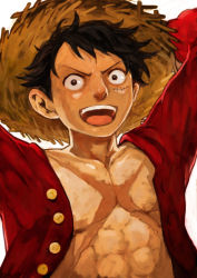 Rule 34 | 1boy, abs, black hair, hat, lack, male focus, monkey d. luffy, one piece, open clothes, open mouth, open shirt, scar, shirt, short hair, simple background, solo, stitches, straw hat, upper body