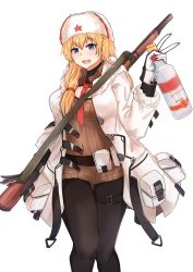 Rule 34 | 1girl, :d, alcohol, alternate costume, blonde hair, blue eyes, bolt action, bottle, dress, feet out of frame, fur hat, girls&#039; frontline, gloves, gun, hat, highres, holding, holding bottle, long hair, mod3 (girls&#039; frontline), mosin-nagant, mosin-nagant (girls&#039; frontline), mosin-nagant (mod3) (girls&#039; frontline), muteppona hito, open mouth, pantyhose, parted lips, red star, rifle, side ponytail, smile, sniper rifle, star (symbol), thigh strap, thighhighs, ushanka, v, vodka, weapon, weapon on back, white background, white dress, white headwear