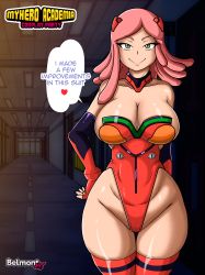 Rule 34 | 1girl, absurdres, artist name, belmont, boku no hero academia, breasts, cleavage, collarbone, copyright name, cosplay, crossover, english text, hand on own hip, hatsume mei, highres, large breasts, leotard, long hair, looking at viewer, neon genesis evangelion, pink hair, smile, solo, souryuu asuka langley (cosplay), speech bubble, thick thighs, thigh gap, thighhighs, thighs, wide hips