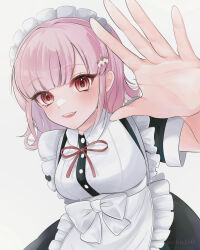 1girl :d apron artist_name black_dress blush breasts danganronpa_(series) danganronpa_2:_goodbye_despair dress hand_up highres large_breasts maid maid_apron maid_headdress medium_hair nanami_chiaki neck_ribbon o_soba_(soba3ly) official_alternate_costume open_mouth pink_eyes pink_hair red_ribbon ribbon short_sleeves smile solo spaceship_hair_ornament teeth upper_teeth_only watermark white_apron