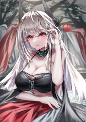 Rule 34 | 1girl, absurdres, apple, arknights, bare arms, bare shoulders, bathing, black ribbon, blush, breasts, cleavage, collar, collarbone, flower, food, fruit, grey hair, hair flower, hair ornament, highres, horns, infection monitor (arknights), kurosabi neko, large breasts, long hair, material growth, mudrock (arknights), mudrock (silent night) (arknights), official alternate costume, oripathy lesion (arknights), parted lips, partially submerged, pointy ears, red eyes, red flower, ribbon, smile, solo, upper body, very long hair, water