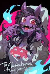 Rule 34 | 1girl, black background, black hair, bright pupils, colored skin, commission, fingernails, glasgow smile, hair ornament, hands up, highres, hitodama, hood, hood up, hoodie, horns, koroguchi, long hair, looking at viewer, monster girl, open mouth, original, pink background, purple horns, purple skin, red eyes, sharp fingernails, sharp teeth, simple background, skeb commission, solo, space invaders, teeth, thank you, two-tone background, upper body, white hoodie, yellow pupils