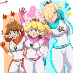 Rule 34 | 3girls, alternate costume, alternate hairstyle, aqua eyes, arm up, belt, blonde hair, blue eyes, breasts, brown hair, crown, curvy, earrings, feet out of frame, gloves, hand on own face, hand on own hip, handkerchief, highres, jewelry, karbuitt, large breasts, lipstick, makeup, mario (series), mario kart, mario kart wii, multiple girls, nintendo, official alternate costume, one eye covered, open mouth, princess daisy, princess peach, rosalina, smile, teeth, thighs, track suit