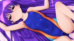 Rule 34 | 1girl, absurdres, blue one-piece swimsuit, cameltoe, collarbone, competition swimsuit, covered erect nipples, covered navel, flat chest, from above, frown, highres, long hair, looking at viewer, lying, multicolored clothes, multicolored swimsuit, one-piece swimsuit, original, purple eyes, purple hair, solo, spread legs, sugimura tomokazu, swimsuit