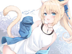 Rule 34 | 1girl, :d, animal ears, warrior of light (ff14), black tank top, blonde hair, blouse, blue eyes, breasts, cat ears, cat tail, clothes down, commission, earrings, fang, final fantasy, final fantasy xiv, jewelry, kanora, long hair, long sleeves, medium breasts, miqo&#039;te, open mouth, pendant, shirt, single earring, skeb commission, skin fang, sleeveless, sleeveless shirt, sleeves past fingers, sleeves past wrists, smile, tail, tank top, white shirt