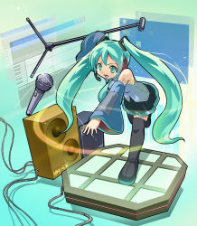 Rule 34 | 1girl, detached sleeves, green eyes, green hair, hatsune miku, kubocha, kubota, long hair, matching hair/eyes, microphone, necktie, open mouth, skirt, solo, tears, thighhighs, twintails, very long hair, vocaloid