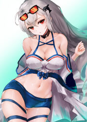 Rule 34 | 1girl, absurdres, ahoge, aqua background, arknights, bare shoulders, black choker, blue shorts, breasts, choker, cleavage, cowboy shot, crop top, eyewear on head, gradient background, grey hair, highres, hiun64, large breasts, long hair, looking at viewer, midriff, navel, no headwear, off-shoulder shirt, off shoulder, official alternate costume, parted lips, red eyes, shirt, short shorts, shorts, skadi (arknights), skadi (waverider) (arknights), solo, standing, stomach, sunglasses, thigh strap, thighs, very long hair, white shirt