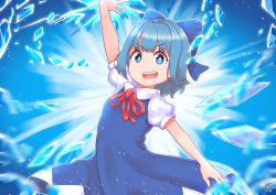 Rule 34 | 1girl, arm up, backlighting, blue background, blue dress, blue eyes, blue hair, blurry, blurry background, bow, bright pupils, cirno, cowboy shot, dress, hair bow, highres, ice, looking at viewer, open mouth, pinafore dress, puffy short sleeves, puffy sleeves, red neckwear, red ribbon, ribbon, shirt, short hair, short sleeves, simple background, sleeveless dress, solo, standing, teeth, touhou, upper teeth only, white pupils, white shirt, wings, zanasta0810