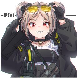 Rule 34 | 1girl, arm up, black choker, black gloves, black jacket, blush, brown hair, bullpup, character name, choker, collarbone, commentary request, double bun, eyewear on head, girls&#039; frontline, gloves, grin, gun, hair bun, hand up, highres, holding, holding gun, holding weapon, jacket, kuro kosyou, long sleeves, looking at viewer, name connection, object namesake, open clothes, open jacket, p90, p90 (girls&#039; frontline), partially fingerless gloves, personal defense weapon, puffy long sleeves, puffy sleeves, red eyes, shirt, simple background, smile, solo, submachine gun, weapon, white background, white shirt