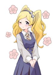 Rule 34 | 1girl, ;), blonde hair, blue dress, blue hairband, blush, bow, closed mouth, collared shirt, diagonal-striped clothes, diagonal-striped necktie, diagonal-striped neckwear, dress, emily stewart, floral print, flower, grey shirt, hairband, idolmaster, idolmaster million live!, long hair, long sleeves, necktie, one eye closed, own hands together, pink flower, pleated dress, puffy long sleeves, puffy sleeves, purple eyes, shirt, simple background, sleeveless, sleeveless dress, sleeves past wrists, smile, solo, striped bow, striped clothes, striped hairband, striped necktie, striped neckwear, tadanoshi kabane, twintails, white background