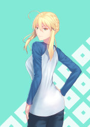Rule 34 | 1girl, ahoge, artoria pendragon (all), artoria pendragon (fate), blouse, blue pants, blue sleeves, braid, braided bun, cowboy shot, fate/stay night, fate (series), fateline alpha, from behind, green eyes, hair between eyes, hair bun, hand on own hip, highres, long sleeves, looking at viewer, looking back, aged up, pants, saber (fate), shirt, short hair with long locks, sidelocks, solo, standing, white shirt