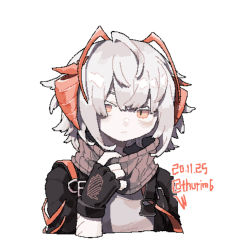 Rule 34 | 1girl, ahoge, arknights, black gloves, black jacket, brown scarf, cropped torso, dated, fingerless gloves, gloves, grey hair, grey shirt, jacket, jaggy lines, looking at viewer, open clothes, open jacket, orange eyes, scar, scar on arm, scarf, shirt, short hair, simple background, solo, thurim6, twitter username, upper body, w (arknights), white background