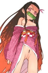 Rule 34 | 1girl, angry, bamboo, bit gag, black hair, breasts, cleft of venus, female focus, female pubic hair, fingernails, from below, gag, hair ornament, hair ribbon, japanese clothes, kamado nezuko, kimetsu no yaiba, kimono, kimono pull, long hair, looking at viewer, looking down, multicolored hair, nail polish, nipples, obi, off shoulder, ojomi, open clothes, open kimono, orange hair, pink eyes, pubic hair, pussy, ribbon, sash, sharp fingernails, simple background, small breasts, solo, standing, uncensored, veins, white background