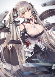 Rule 34 | 1girl, aircraft, azur lane, bare shoulders, between breasts, black dress, black nails, breasts, cleavage, closed mouth, clothes lift, collarbone, dress, dress lift, earrings, formidable (azur lane), frilled dress, frills, grey hair, hair ribbon, head tilt, highres, jewelry, large breasts, lifted by self, long hair, long sleeves, looking at viewer, nail polish, red eyes, ribbon, smile, solo, twintails, two-tone dress, two-tone ribbon, very long hair, yuko (uc yuk)