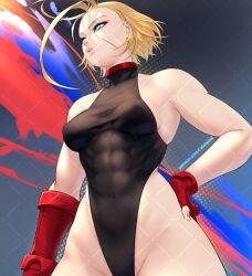 Rule 34 | 1girl, ahoge, armpits, artist name, bare shoulders, black leotard, blonde hair, blue eyes, breasts, cammy white, choker, covered abs, covered erect nipples, covered navel, curvy, facial scar, fingerless gloves, gabriel carrasquillo, gloves, hand on own hip, highleg, highleg leotard, huge ahoge, leotard, looking ahead, medium breasts, muscular, muscular female, narrow waist, obliques, parted lips, patreon username, red choker, red gloves, scar, scar on cheek, scar on face, short hair, sleeveless turtleneck leotard, solo, street fighter, street fighter 6, thong leotard, upper body, wide hips, wrist guards