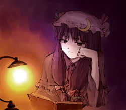 Rule 34 | 1girl, book, bow, crescent, desk lamp, expressionless, female focus, frills, hair bow, hat, holding, holding book, lamp, long hair, long sleeves, low-tied long hair, mob cap, open book, patchouli knowledge, reading, red bow, shippori, shishou, solo, touhou, upper body
