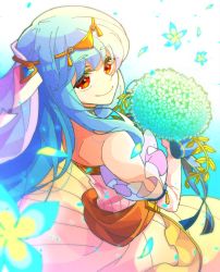 Rule 34 | 1girl, bad id, bad twitter id, bare shoulders, blue hair, bride, dress, fire emblem, fire emblem: the blazing blade, fire emblem heroes, flower, formal, gloves, hair ornament, hzk (ice17moon), jewelry, long hair, looking at viewer, necklace, ninian, nintendo, red eyes, simple background, smile, solo, wedding dress