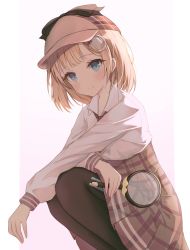 Rule 34 | 1girl, black pantyhose, blonde hair, blouse, blue eyes, detective, hair ornament, hat, highres, holding, holding magnifying glass, hololive, hololive english, holomyth, looking at viewer, magnifying glass, necktie, okey, pantyhose, shirt, short hair, smile, solo, virtual youtuber, watson amelia, white shirt