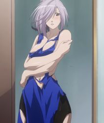 Rule 34 | 00s, 1girl, asu no yoichi, blush, breasts, cleavage, dress, female focus, gradient background, hair over one eye, highres, large breasts, purple hair, red eyes, screencap, solo, stitched, takatsukasa angela, third-party edit, torn clothes