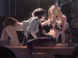 Rule 34 | 1boy, 2girls, absurdres, all fours, artist name, bare shoulders, belt, black hair, blonde hair, blurry, blurry background, blush, breasts, cleavage, commentary, cropped jacket, dante (devil may cry), dark background, dboat, desk, devil may cry (series), devil may cry 5, eva (devil may cry), eye contact, food, hand on another&#039;s head, highres, huge filesize, lady (devil may cry), large breasts, leather, leather pants, hugging another&#039;s leg, light, light rays, long hair, looking at another, medium breasts, multiple girls, pants, peeking, picture frame, pizza, purple eyes, reading, red eyes, shared food, short hair, short shorts, shorts, silver hair, smile, trish (devil may cry), undone, yuri