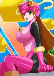 Rule 34 | 1girl, :d, absurdres, alternate breast size, blonde hair, bodysuit, breasts, capcom, close-up, commentary, gear (gg2sol), gloves, green eyes, heart, heart-shaped eyes, highres, large breasts, leotard, long hair, looking at viewer, mega man (series), mega man battle network, mega man battle network (series), netnavi, open mouth, pink bodysuit, pink footwear, pink gloves, pink leotard, roll.exe (mega man), sitting, skin tight, smile