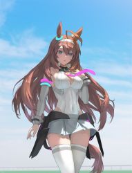 Rule 34 | 1girl, animal ears, blue eyes, breasts, brown hair, cleavage, covered navel, feet out of frame, grey hairband, grey skirt, hair between eyes, hairband, highres, horse ears, horse girl, horse tail, large breasts, long hair, mihono bourbon (umamusume), parted lips, pleated skirt, skirt, solo, tail, thighhighs, tsukira (amayadori), umamusume, white thighhighs