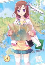 Rule 34 | 1girl, aircraft, airplane, bad id, bad pixiv id, brown hair, casual, compass, hair ornament, highres, jin young-in, map, original, purple eyes, skirt, solo, thighhighs, zettai ryouiki