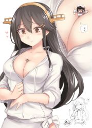Rule 34 | !, !!, 2girls, ^ ^, alternate costume, between breasts, black hair, blush, breasts, brown eyes, cleavage, close-up, closed eyes, collarbone, female admiral (kancolle), giant, giantess, haruna (kancolle), hat, headgear, heart, jacket, kantai collection, large breasts, long hair, looking at another, multiple girls, multiple views, person between breasts, short hair, simple background, size difference, smile, spoken exclamation mark, under another&#039;s clothes, upper body, utopia, white background, white cap, white hat, white jacket, zipper
