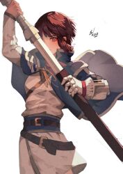 Rule 34 | 1girl, belt, blue cape, brown eyes, brown hair, cape, gauntlets, highres, isabeau (megami tensei), redfountainpen, sheath, shin megami tensei, shin megami tensei iv, simple background, single gauntlet, solo, sword, unsheathing, weapon, white background