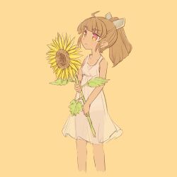Rule 34 | 1girl, ahoge, alternate costume, alternate eye color, blunt bangs, blush, brown hair, closed mouth, commentary request, cropped legs, dress, flower, haiku kit, highres, holding, holding flower, long hair, looking ahead, looking up, ponytail, see-through silhouette, sidelocks, simple background, sleeveless, sleeveless dress, solo, sundress, sunflower, tan, tanline, thick eyebrows, touhoku kiritan, two-handed, two-tone eyes, voiceroid, white dress, yellow background