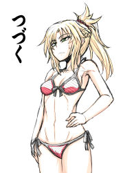 1girl armpits artoria_pendragon_(all) artoria_pendragon_(fate) bare_shoulders bikini black_ribbon blonde_hair braid breasts cleavage closed_mouth collarbone colorized comic cowboy_shot expressionless fate/apocrypha fate/grand_order fate_(series) front-tie_bikini_top front-tie_top green_eyes half-closed_eyes half_up_braid hand_on_own_hip highres long_hair looking_away mitsurugi_tsurugi monochrome mordred_(fate) mordred_(fate/apocrypha) navel ponytail red_bikini ribbon saber_(fate) side-tie_bikini_bottom side_ponytail sidelocks simple_background small_breasts standing stomach sweat sweatdrop swimsuit translated tsurime white_background