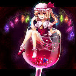 Rule 34 | 1girl, alcohol, bad id, bad pixiv id, blonde hair, cup, drinking glass, female focus, flandre scarlet, food, fruit, giant glass, glass, hat, heart, in container, in cup, mame niko, niko (mame-niko), oversized object, red eyes, shoes, short hair, side ponytail, single shoe, socks, solo, strawberry, touhou, wine, wine glass, wings