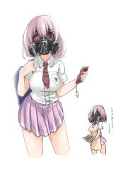 Rule 34 | 1girl, apron, bag, breasts, cellphone, collared shirt, dress shirt, gas mask, glowing, glowing eyes, large breasts, looking at viewer, mask, miniskirt, necktie, original, phone, pleated skirt, purple hair, purple skirt, red eyes, red necktie, sakura inu, school uniform, shirt, shoulder bag, simple background, skirt, smartphone, white background, white shirt, wing collar