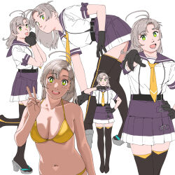 Rule 34 | 1girl, antenna hair, belt, black thighhighs, blue sailor collar, blue skirt, boots, breasts, brown belt, cleavage, collarbone, crossed legs, full body, gold shoes, green eyes, grey hair, kantai collection, kinugasa (kancolle), leaning forward, long hair, looking at viewer, medium breasts, multiple views, neckerchief, necktie, ojipon, open mouth, pleated skirt, purple sailor collar, purple skirt, sailor collar, sailor shirt, sandals, school uniform, serafuku, shirt, short sleeves, simple background, skirt, smile, standing, standing on one leg, stomach, teeth, thigh boots, thighhighs, toeless footwear, upper teeth only, v, white background, white shirt, yellow background, yellow neckerchief, yellow necktie