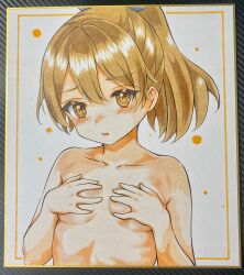 Rule 34 | 1girl, absurdres, blush, breasts, brown eyes, brown hair, collarbone, commentary request, covering privates, covering breasts, dakkusu, hair between eyes, highres, kantai collection, looking at viewer, marker (medium), nude, parted lips, photo (medium), ponytail, shikinami (kancolle), small breasts, solo, traditional media, upper body