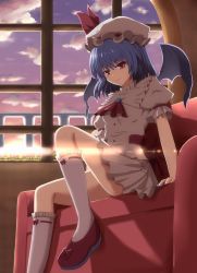 Rule 34 | 1girl, arm support, ascot, bat wings, blue hair, cloud, cloudy sky, couch, dress, frilled dress, frills, hat, hat ribbon, highres, knee up, looking at viewer, purple eyes, remilia scarlet, ribbon, short hair, sitting, sky, smile, solo, sunset, touhou, uzura purin, veranda, wings