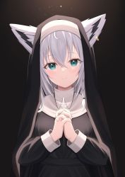 Rule 34 | 1girl, animal ears, braid, closed mouth, commentary request, cross, cross necklace, earrings, fox ears, fox girl, green eyes, hair between eyes, highres, hololive, jewelry, looking at viewer, necklace, nun, shirakami fubuki, short hair, single braid, single earring, smile, solo, starfox1015, traditional nun, upper body, virtual youtuber, white hair