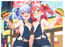 Rule 34 | 2girls, :d, :q, ahoge, animal ears, bell, blue hair, blush, breasts, burger, chicken sandwich, closed mouth, convenient censoring, dongchuan, food, green eyes, hair bell, hair ornament, hair ribbon, holding, holding burger, holding food, holding hands, hololive, looking at viewer, multiple girls, naked overalls, open mouth, outdoors, overall shorts, overalls, pink hair, rabbit ears, ribbon, sakura miko, small breasts, smile, standing, thick eyebrows, tongue, tongue out, usada pekora, virtual youtuber