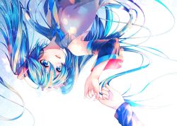 Rule 34 | 1girl, aqua necktie, armpits, bare shoulders, black sleeves, blue eyes, blue hair, detached sleeves, grey shirt, hair ornament, hand up, hatsune miku, headphones, highres, long hair, looking at another, necktie, pinky swear, shirayuki towa, shirt, sleeveless, sleeveless shirt, smile, twintails, upper body, upside-down, very long hair, vocaloid, white background