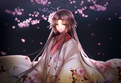 Rule 34 | 1girl, ahoge, animal print, bad id, bad pixiv id, bird print, black background, blue eyes, branch, brown hair, closed mouth, crane print, fate/grand order, fate (series), floral print, japanese clothes, kimono, lips, long hair, long sleeves, md5 mismatch, meaomao, parted bangs, plant, print kimono, ryougi shiki, ryougi shiki (third ascension), simple background, smile, solo, striped, tassel, tree, upper body, vertical stripes, wide sleeves